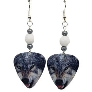 Snarling Wolf Wolves on Guitar Pick Beaded Earrings - Handmade in USA New